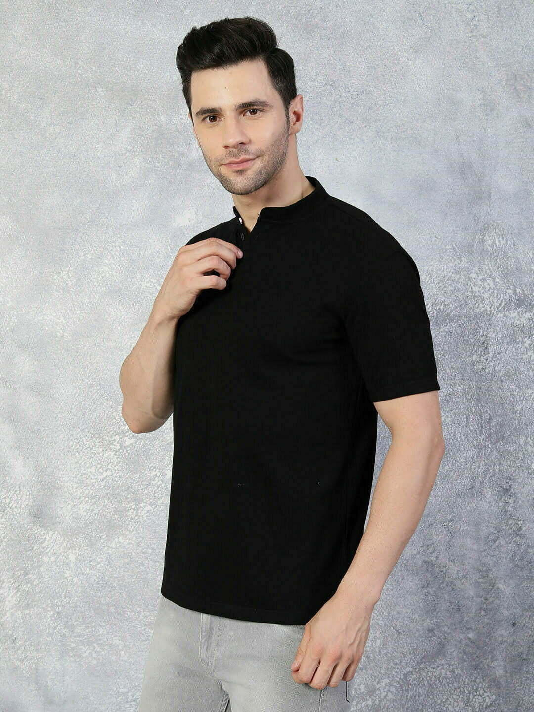 Buy Solid Black Band Collar Polo - The Black Lover