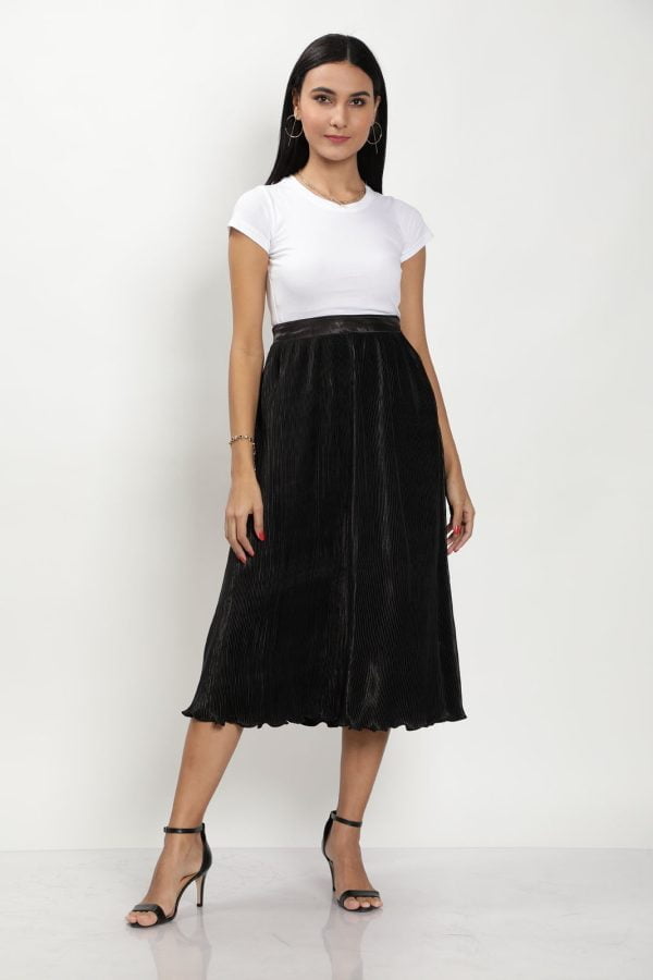 Modern Black Midi Pleated Skirt