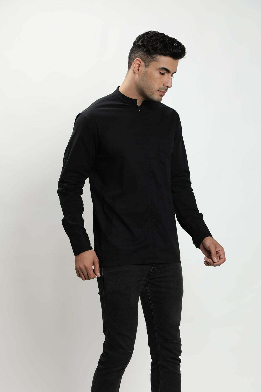 Stylish Black Band Collar Shirt