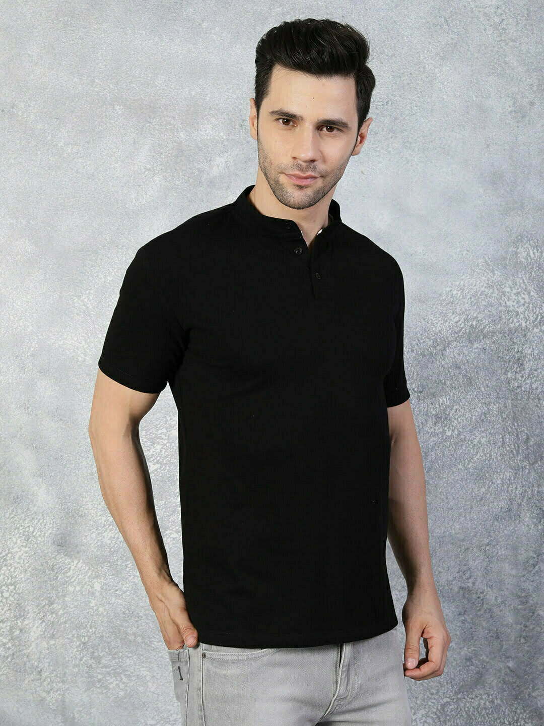 Buy Solid Black Band Collar Polo - The Black Lover